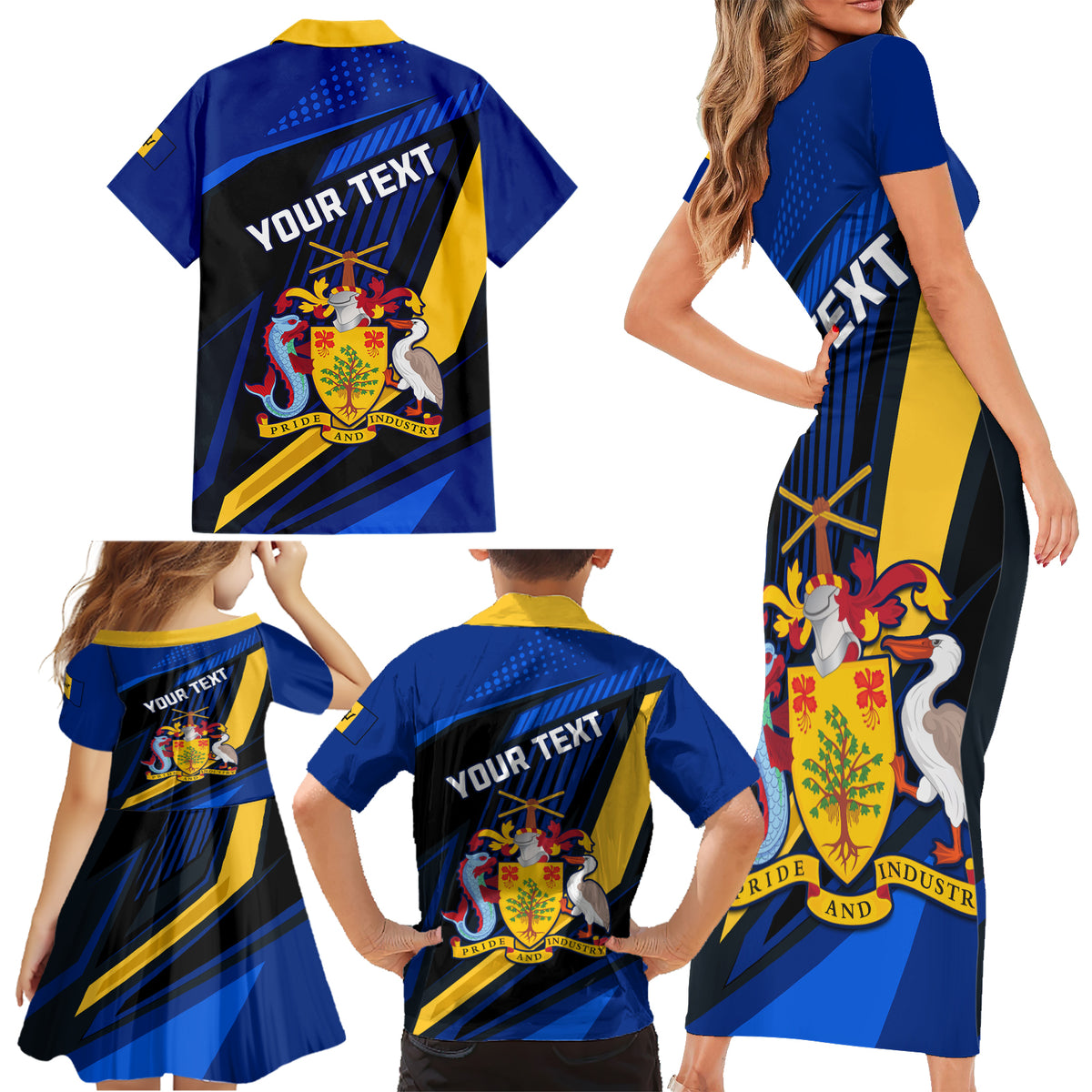 Personalised Barbados Independence Day Family Matching Short Sleeve Bodycon Dress and Hawaiian Shirt Barbadian Coat Of Arms Special Version - Wonder Print Shop