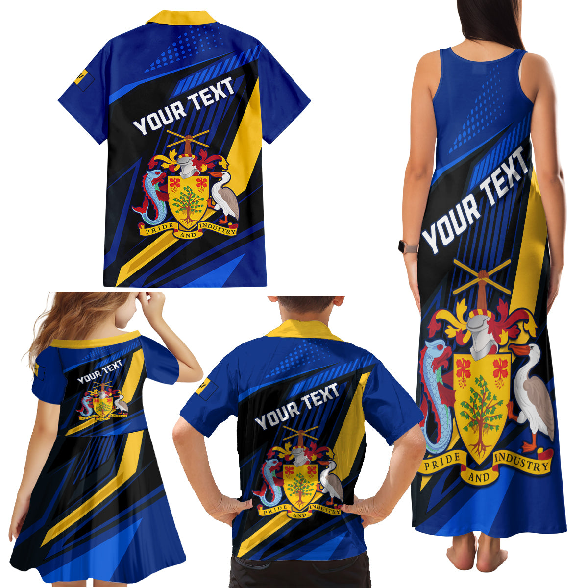 Personalised Barbados Independence Day Family Matching Tank Maxi Dress and Hawaiian Shirt Barbadian Coat Of Arms Special Version - Wonder Print Shop