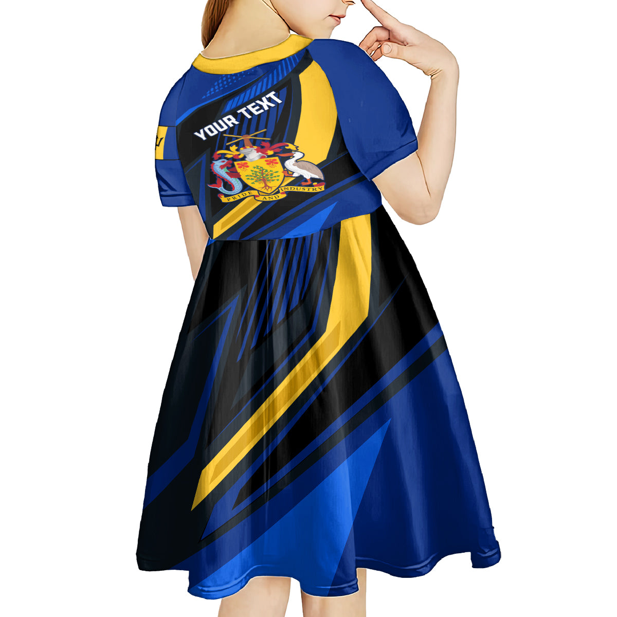 Personalised Barbados Independence Day Kid Short Sleeve Dress Barbadian Coat Of Arms Special Version - Wonder Print Shop