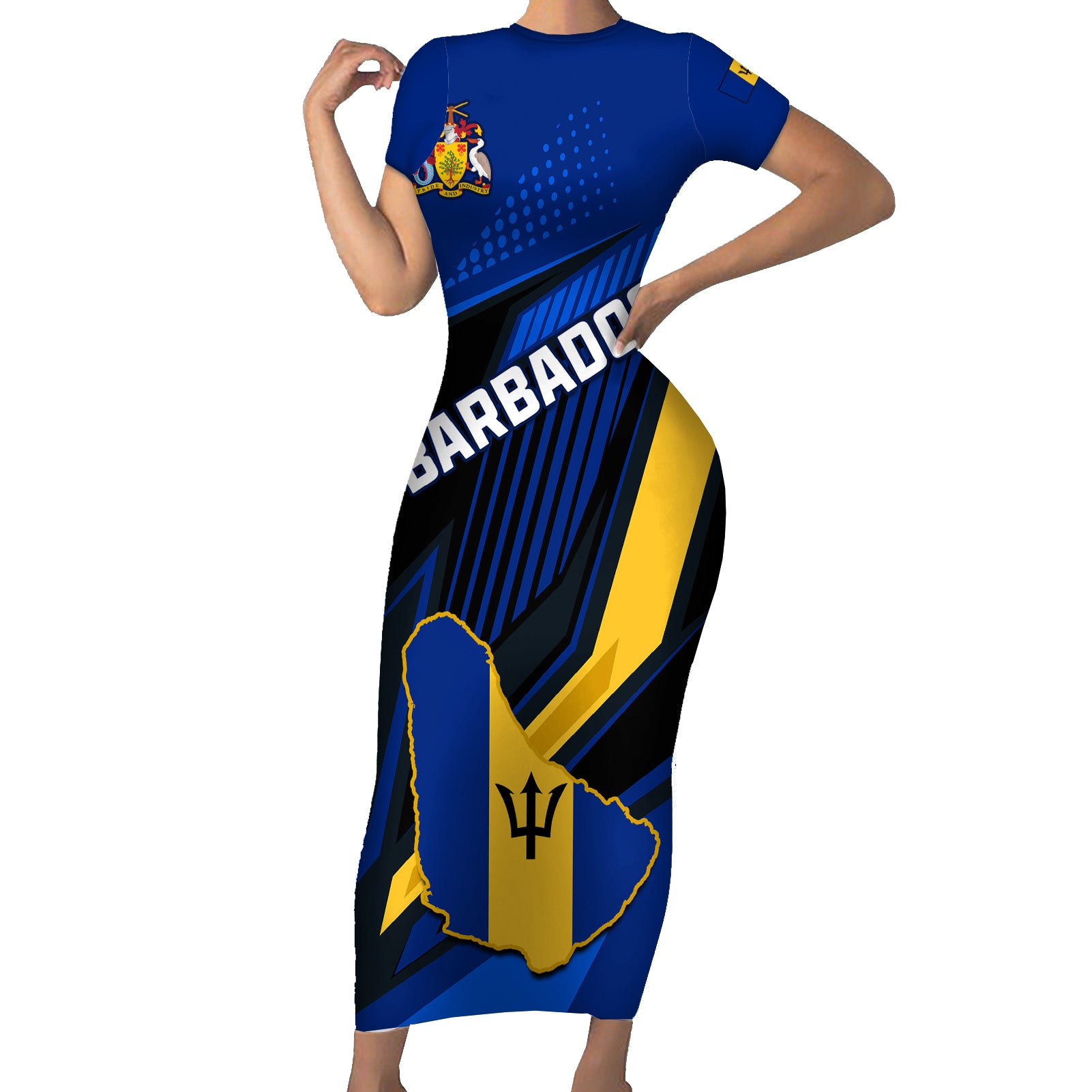 Personalised Barbados Independence Day Short Sleeve Bodycon Dress Barbadian Coat Of Arms Special Version - Wonder Print Shop