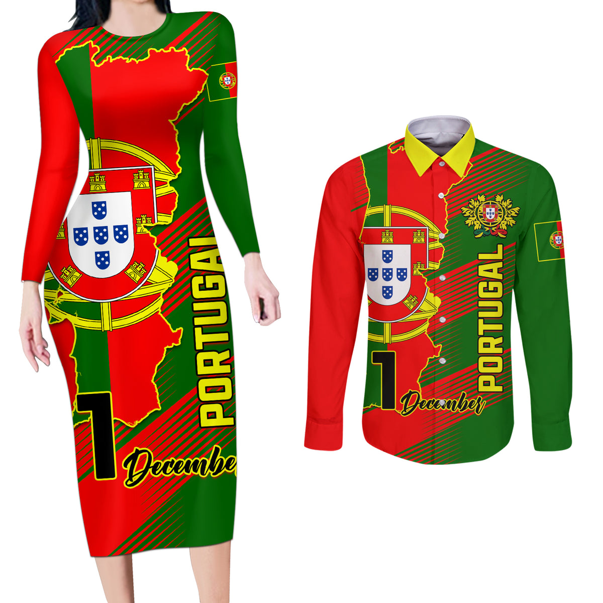 Personalised Portugal Independence Day Couples Matching Long Sleeve Bodycon Dress and Long Sleeve Button Shirt Portuguesa Map Flag Style - Wonder Print Shop