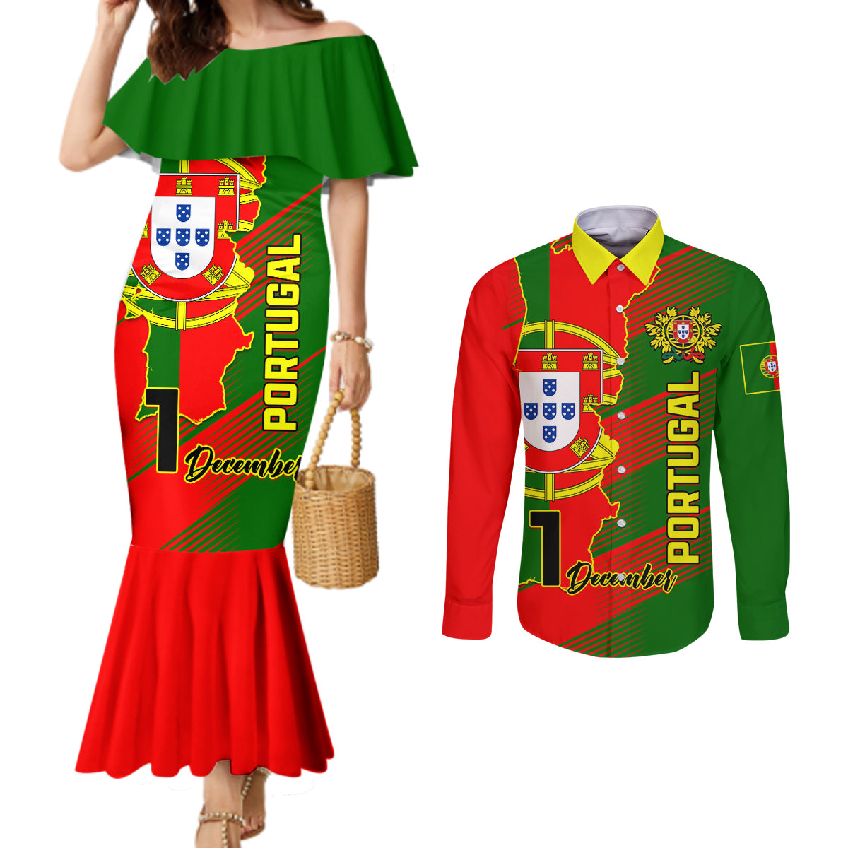 personalised-portugal-independence-day-couples-matching-mermaid-dress-and-long-sleeve-button-shirt-portuguesa-map-flag-style