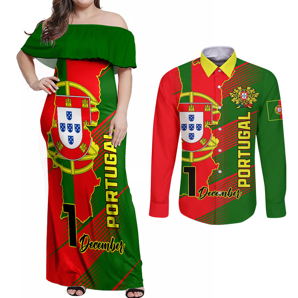 Personalised Portugal Independence Day Couples Matching Off Shoulder Maxi Dress and Long Sleeve Button Shirt Portuguesa Map Flag Style - Wonder Print Shop