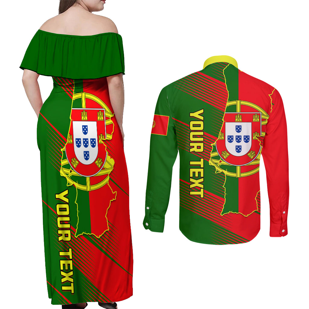 Personalised Portugal Independence Day Couples Matching Off Shoulder Maxi Dress and Long Sleeve Button Shirt Portuguesa Map Flag Style - Wonder Print Shop