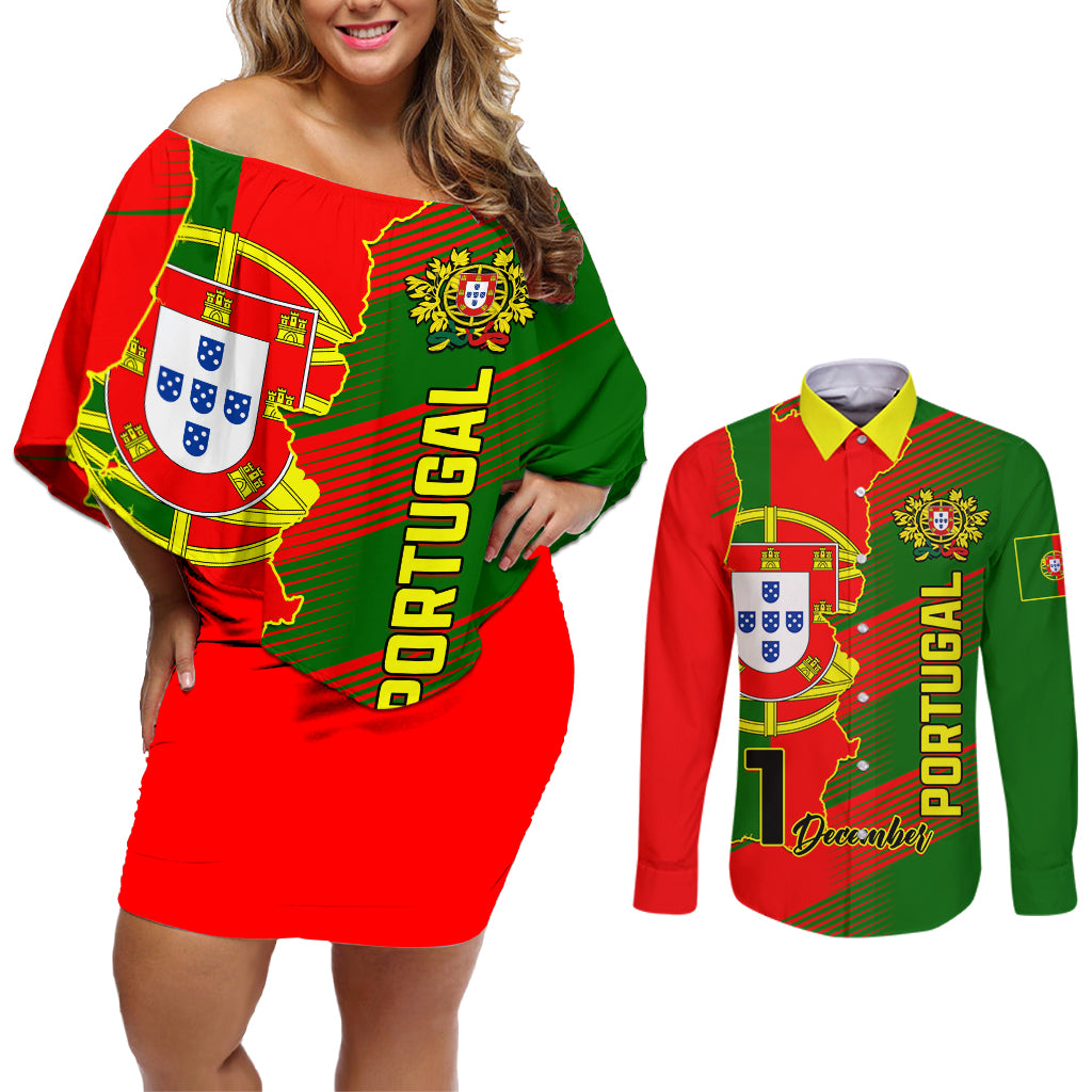 Personalised Portugal Independence Day Couples Matching Off Shoulder Short Dress and Long Sleeve Button Shirt Portuguesa Map Flag Style - Wonder Print Shop