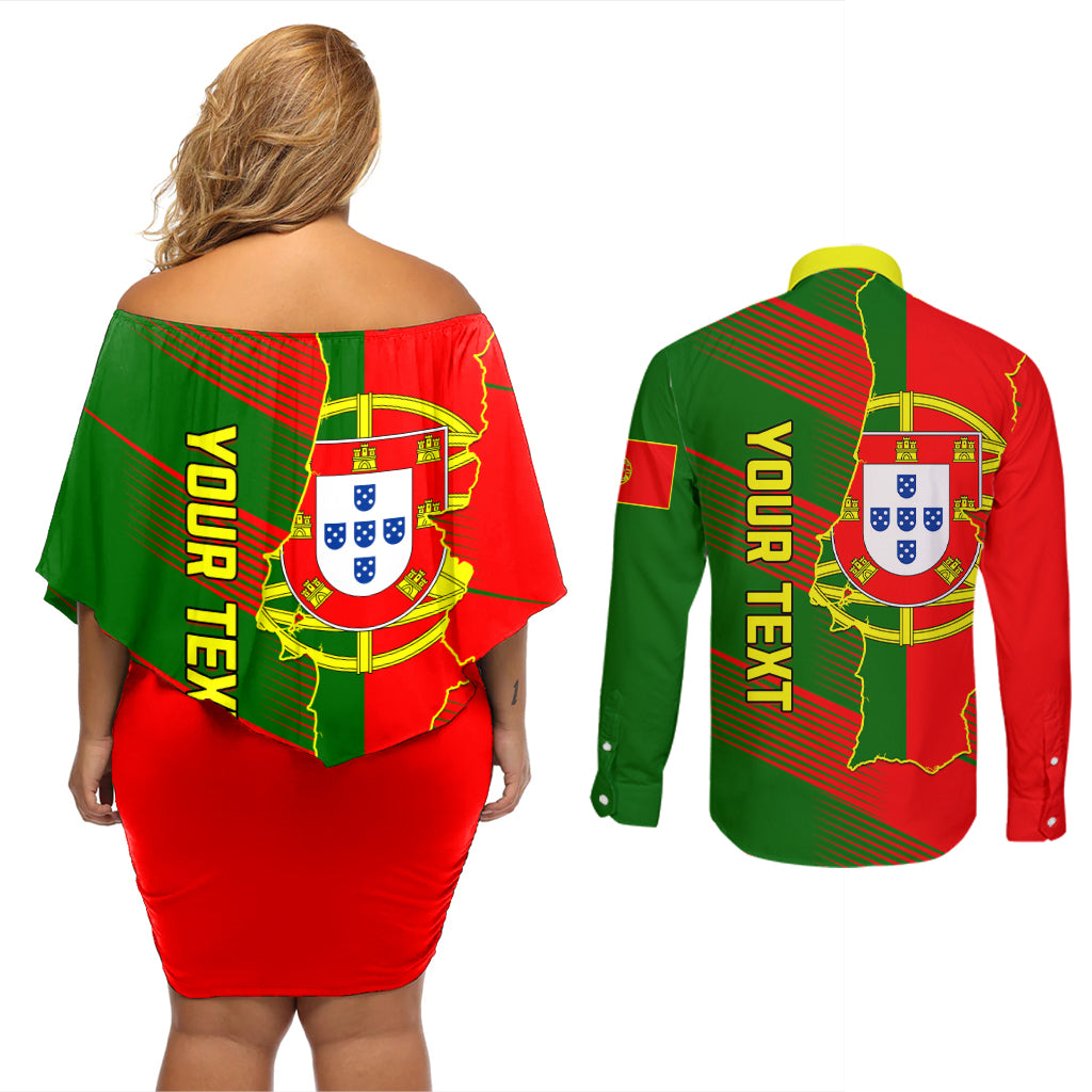 Personalised Portugal Independence Day Couples Matching Off Shoulder Short Dress and Long Sleeve Button Shirt Portuguesa Map Flag Style - Wonder Print Shop