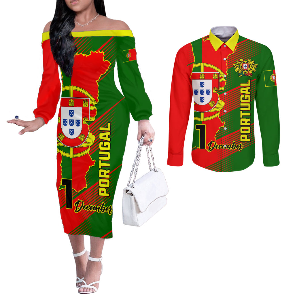 personalised-portugal-independence-day-couples-matching-off-the-shoulder-long-sleeve-dress-and-long-sleeve-button-shirt-portuguesa-map-flag-style