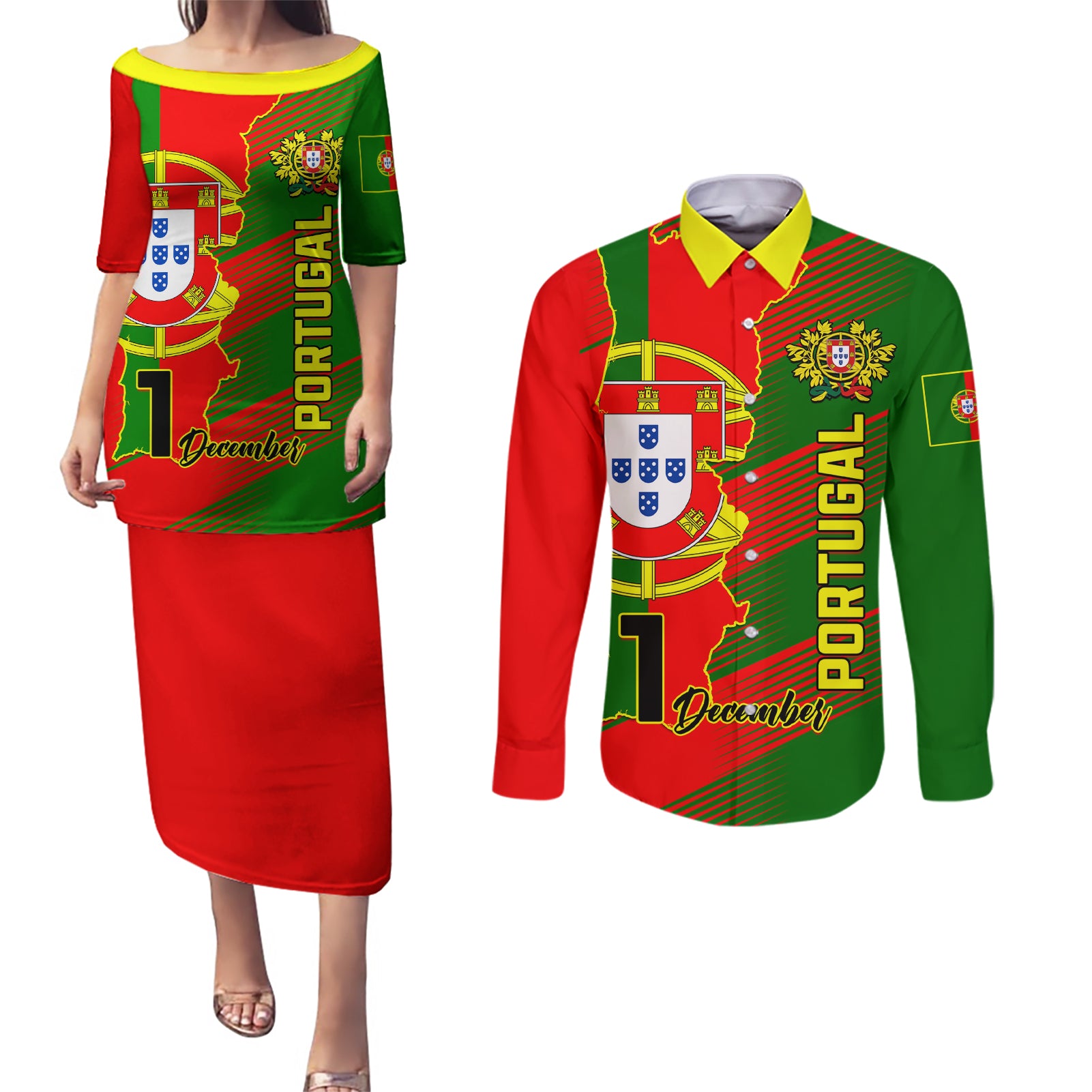 personalised-portugal-independence-day-couples-matching-puletasi-dress-and-long-sleeve-button-shirt-portuguesa-map-flag-style