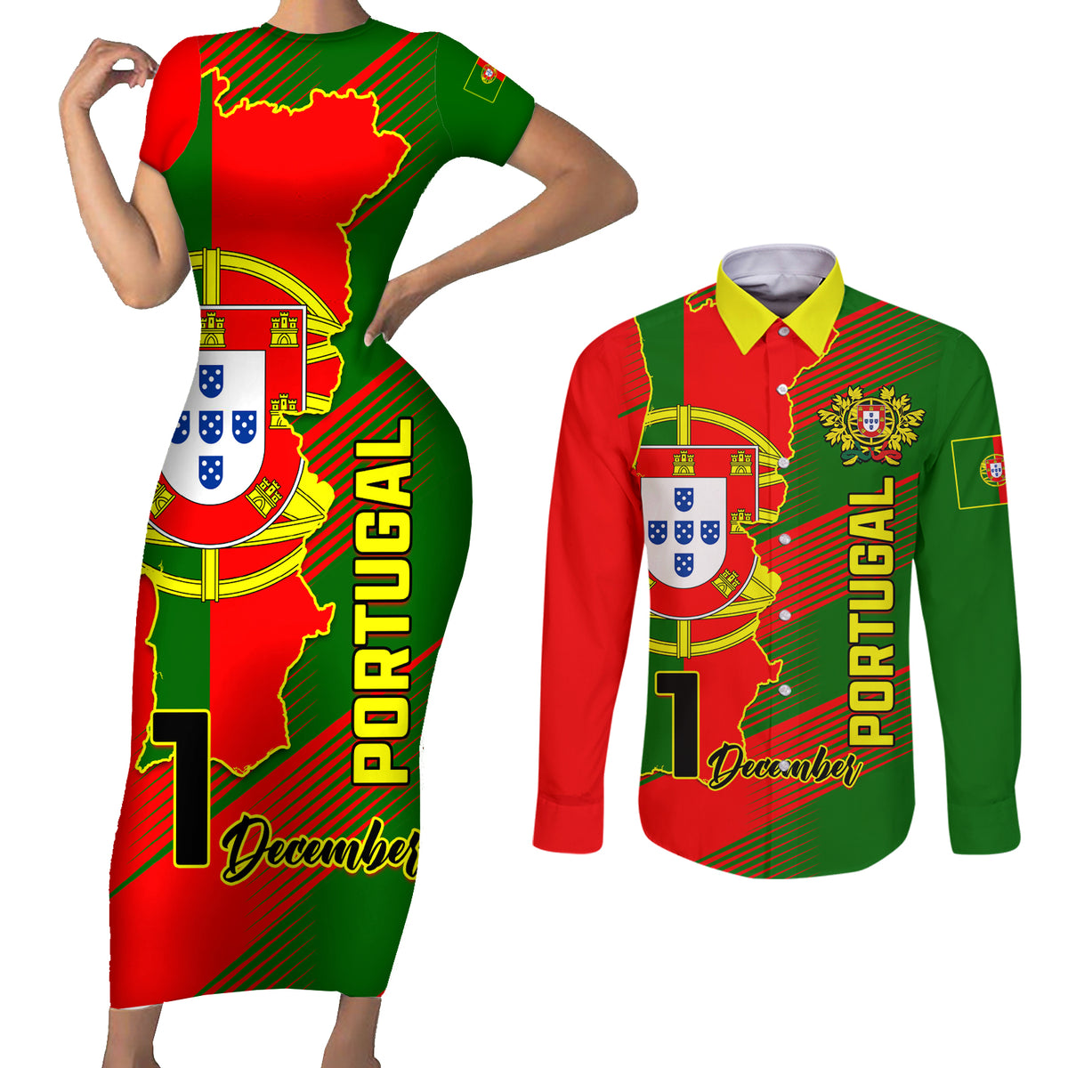 Personalised Portugal Independence Day Couples Matching Short Sleeve Bodycon Dress and Long Sleeve Button Shirt Portuguesa Map Flag Style - Wonder Print Shop
