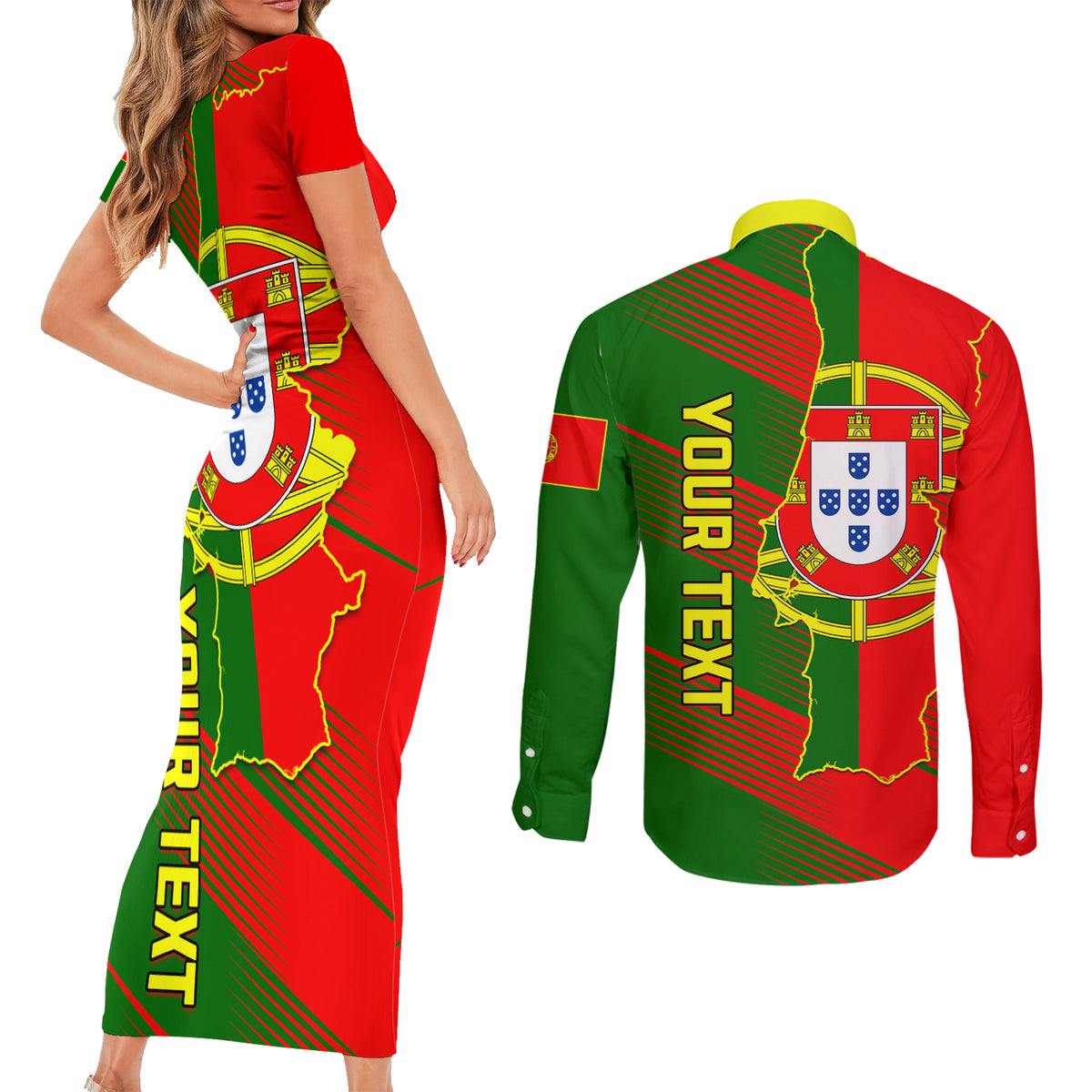 Personalised Portugal Independence Day Couples Matching Short Sleeve Bodycon Dress and Long Sleeve Button Shirt Portuguesa Map Flag Style - Wonder Print Shop
