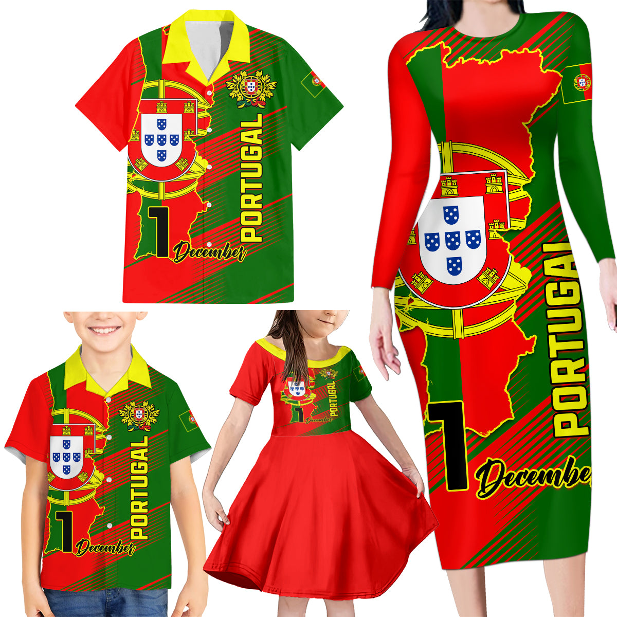 Personalised Portugal Independence Day Family Matching Long Sleeve Bodycon Dress and Hawaiian Shirt Portuguesa Map Flag Style - Wonder Print Shop