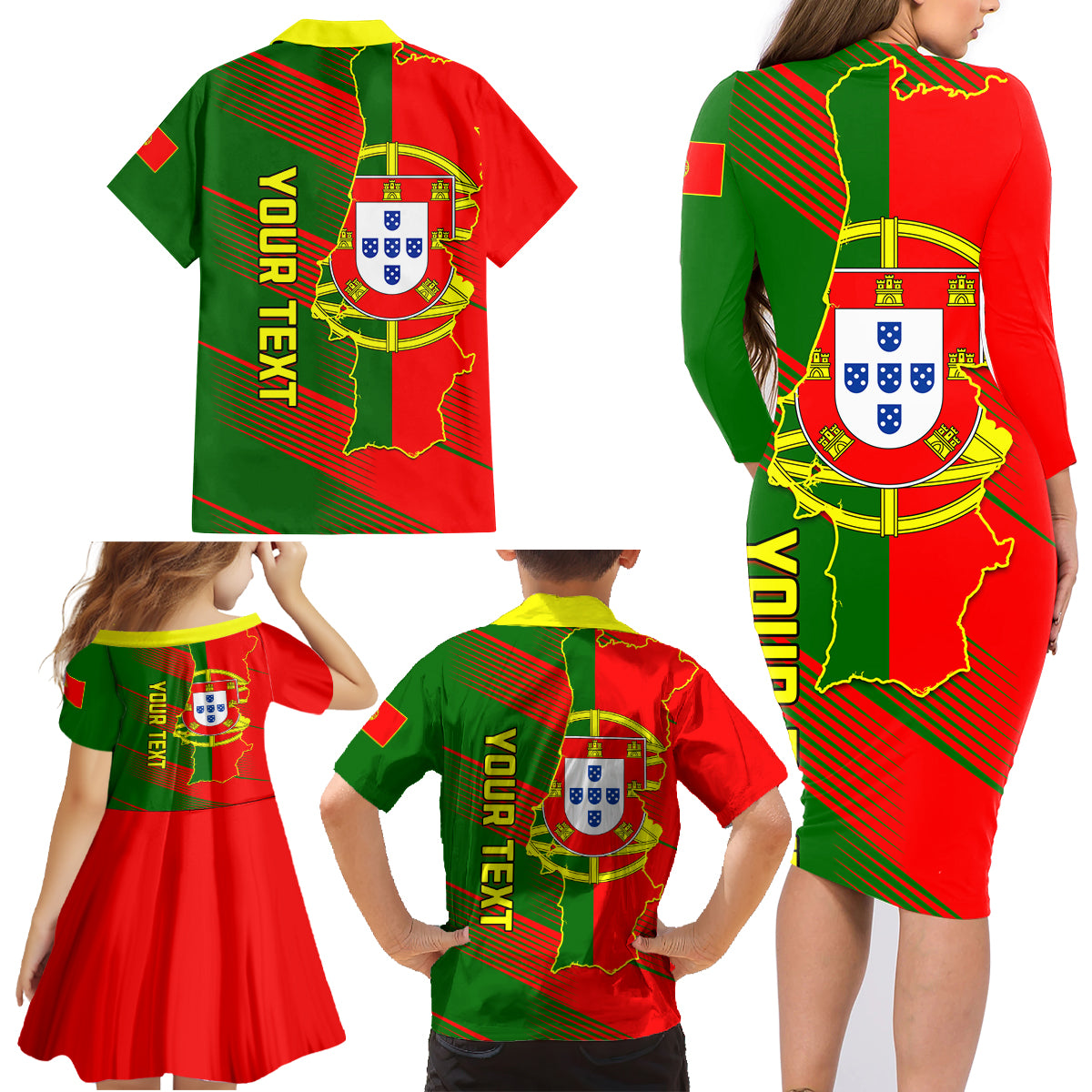 Personalised Portugal Independence Day Family Matching Long Sleeve Bodycon Dress and Hawaiian Shirt Portuguesa Map Flag Style - Wonder Print Shop