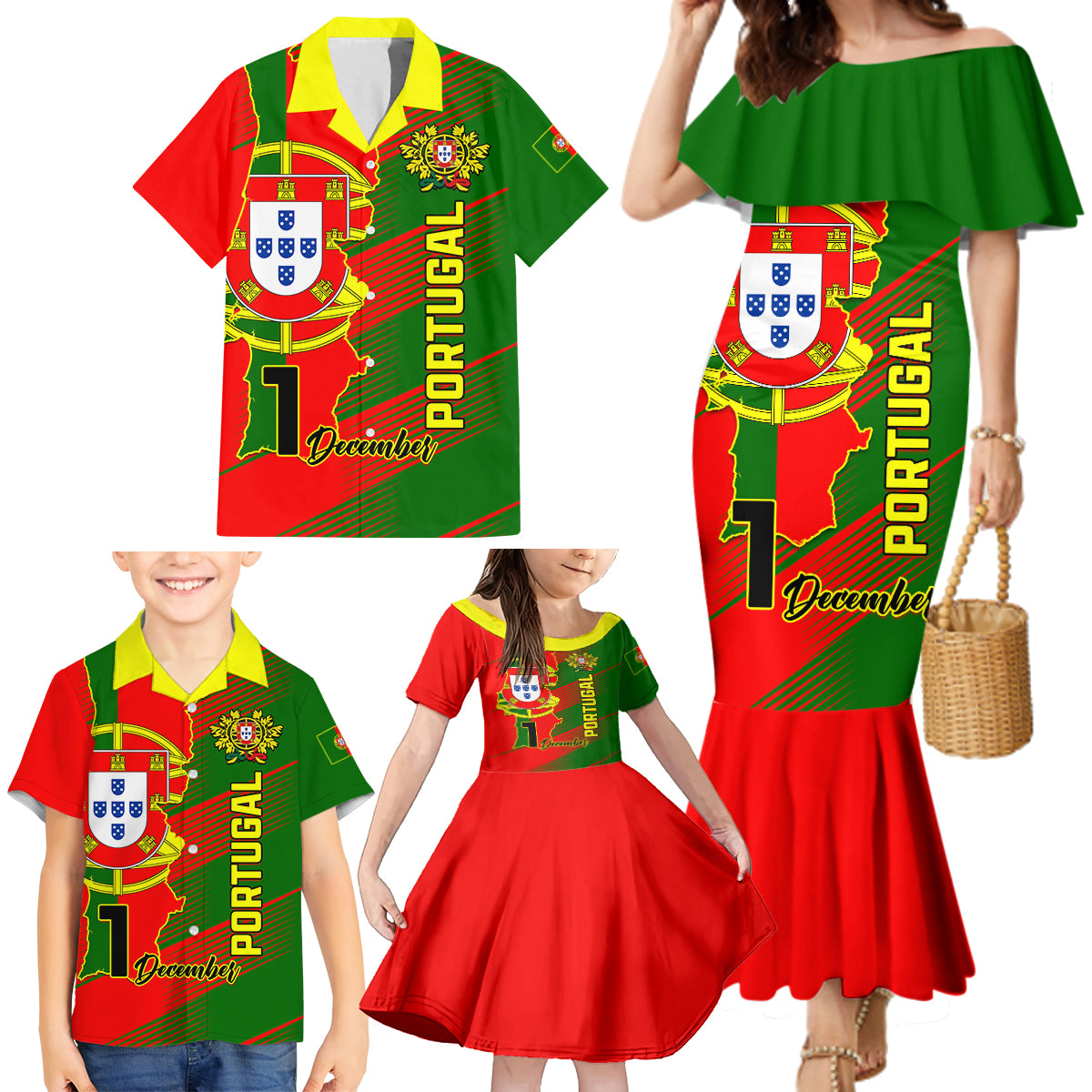 personalised-portugal-independence-day-family-matching-mermaid-dress-and-hawaiian-shirt-portuguesa-map-flag-style