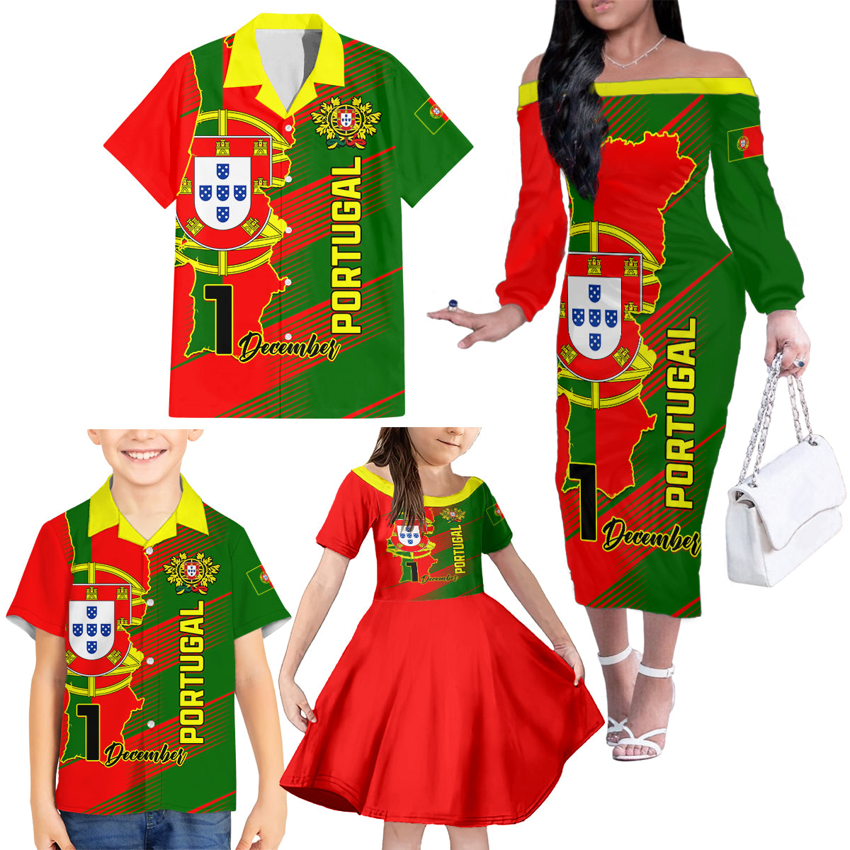 Personalised Portugal Independence Day Family Matching Off Shoulder Long Sleeve Dress and Hawaiian Shirt Portuguesa Map Flag Style - Wonder Print Shop