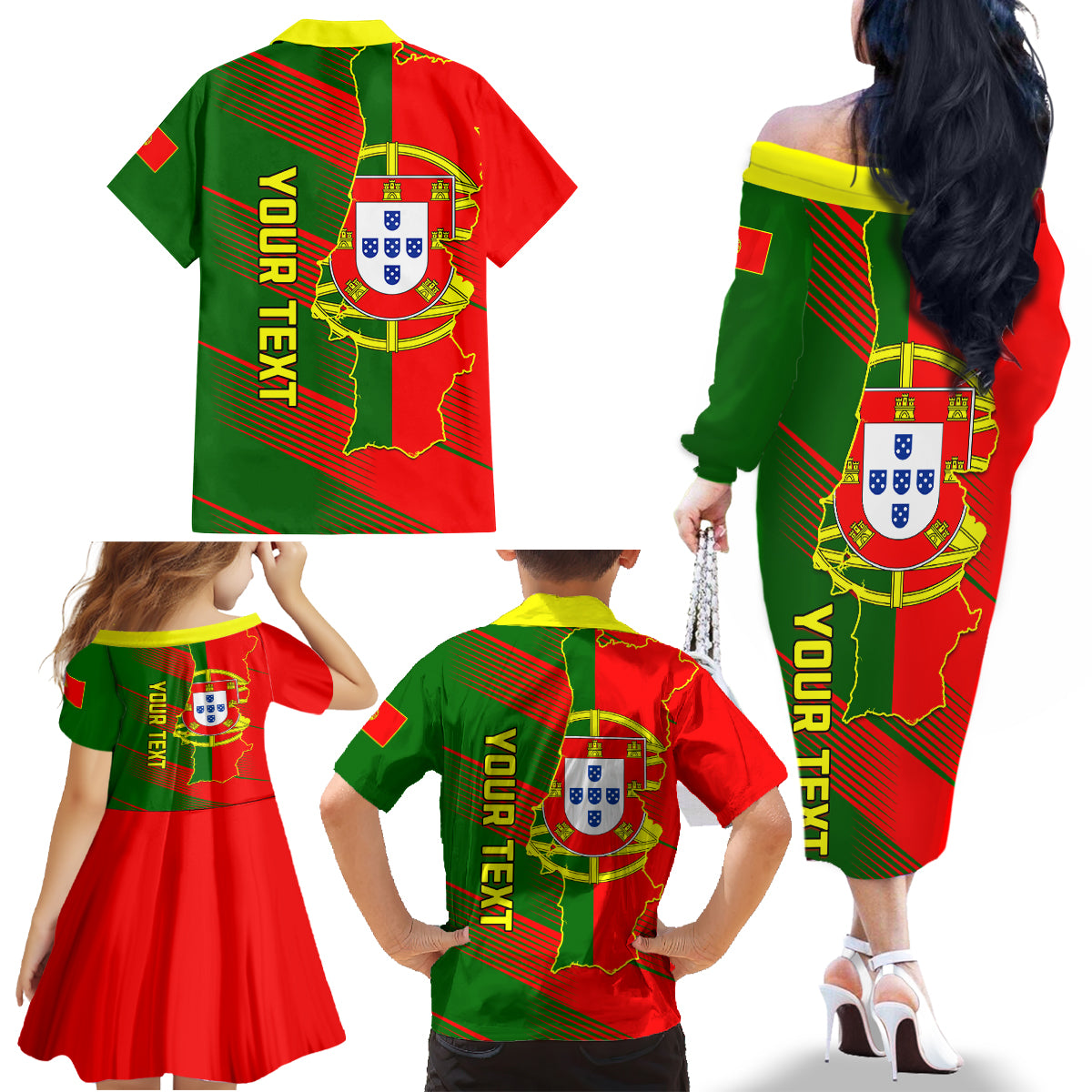 Personalised Portugal Independence Day Family Matching Off Shoulder Long Sleeve Dress and Hawaiian Shirt Portuguesa Map Flag Style - Wonder Print Shop