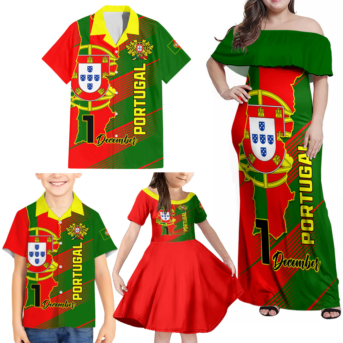 Personalised Portugal Independence Day Family Matching Off Shoulder Maxi Dress and Hawaiian Shirt Portuguesa Map Flag Style - Wonder Print Shop