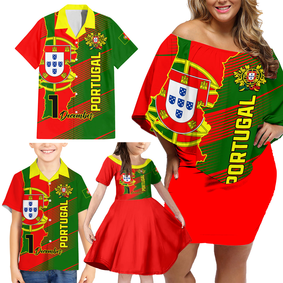 Personalised Portugal Independence Day Family Matching Off Shoulder Short Dress and Hawaiian Shirt Portuguesa Map Flag Style - Wonder Print Shop