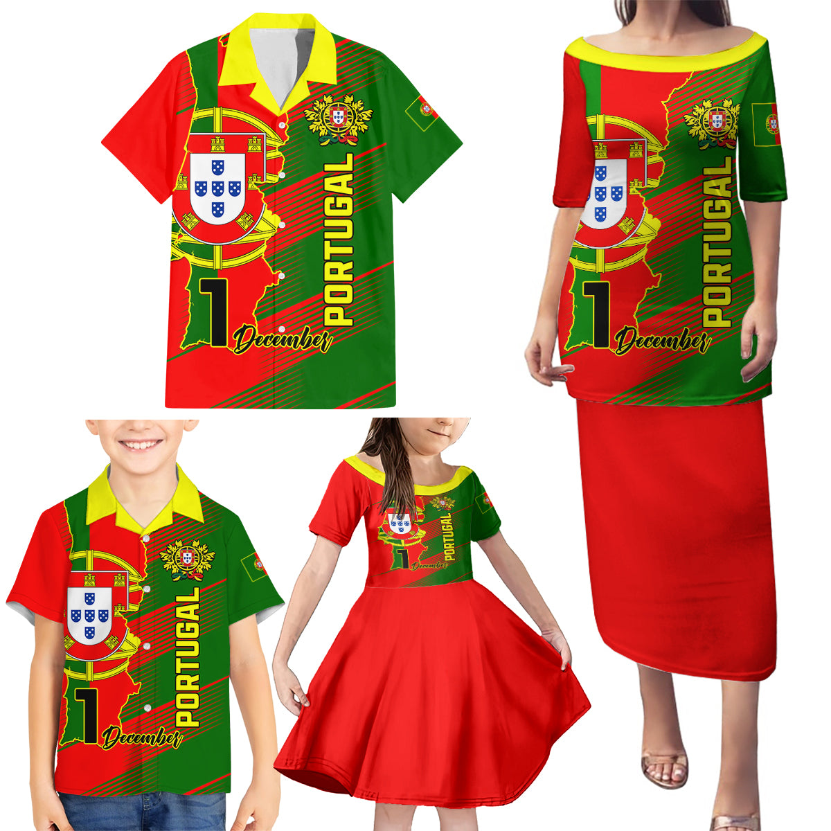 Personalised Portugal Independence Day Family Matching Puletasi Dress and Hawaiian Shirt Portuguesa Map Flag Style - Wonder Print Shop