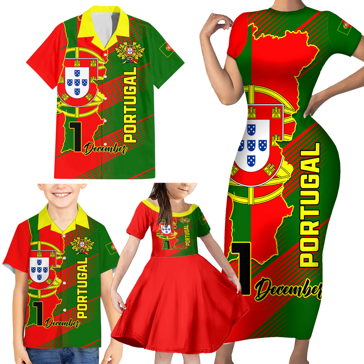 Personalised Portugal Independence Day Family Matching Short Sleeve Bodycon Dress and Hawaiian Shirt Portuguesa Map Flag Style - Wonder Print Shop