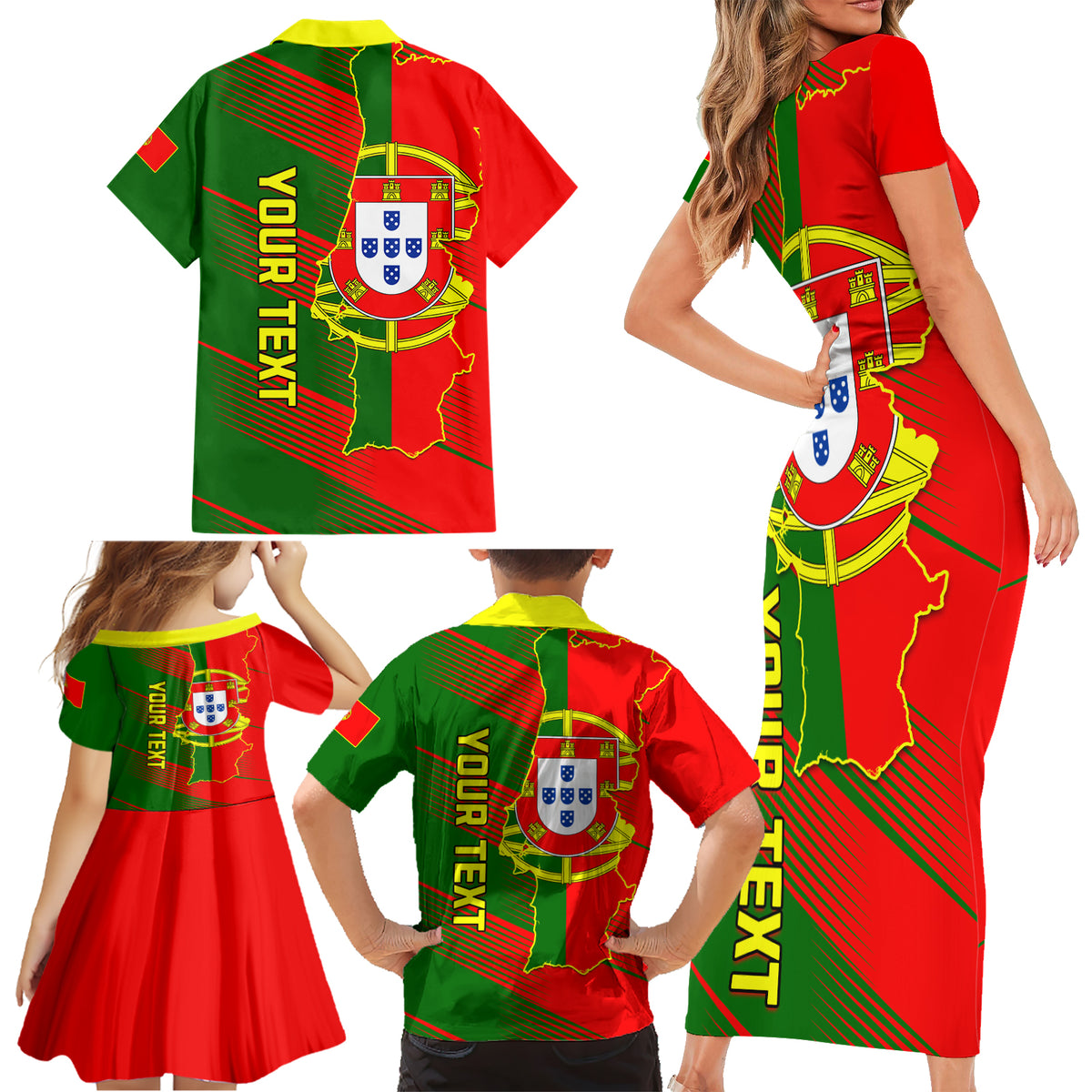 Personalised Portugal Independence Day Family Matching Short Sleeve Bodycon Dress and Hawaiian Shirt Portuguesa Map Flag Style - Wonder Print Shop