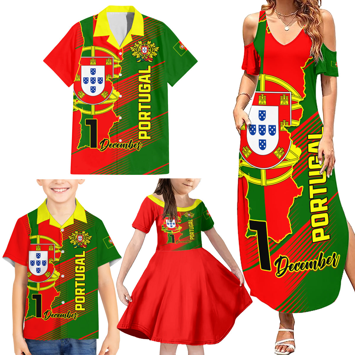 Personalised Portugal Independence Day Family Matching Summer Maxi Dress and Hawaiian Shirt Portuguesa Map Flag Style - Wonder Print Shop