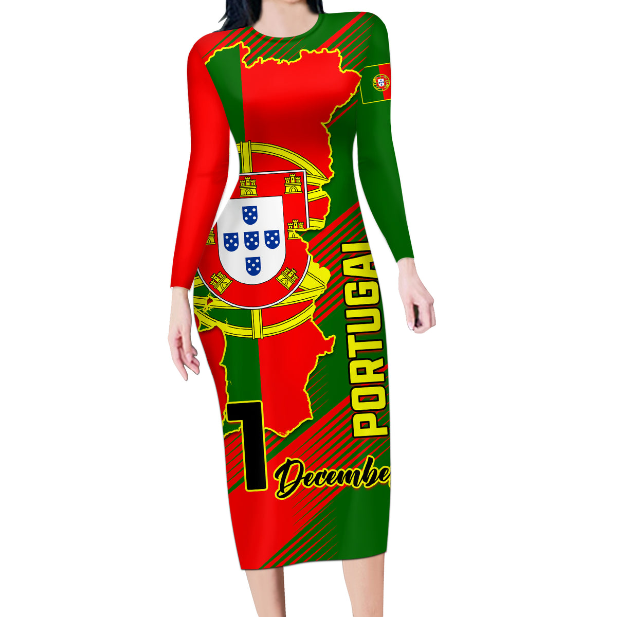 Personalised Portugal Independence Day Long Sleeve Bodycon Dress Portuguesa Map Flag Style - Wonder Print Shop