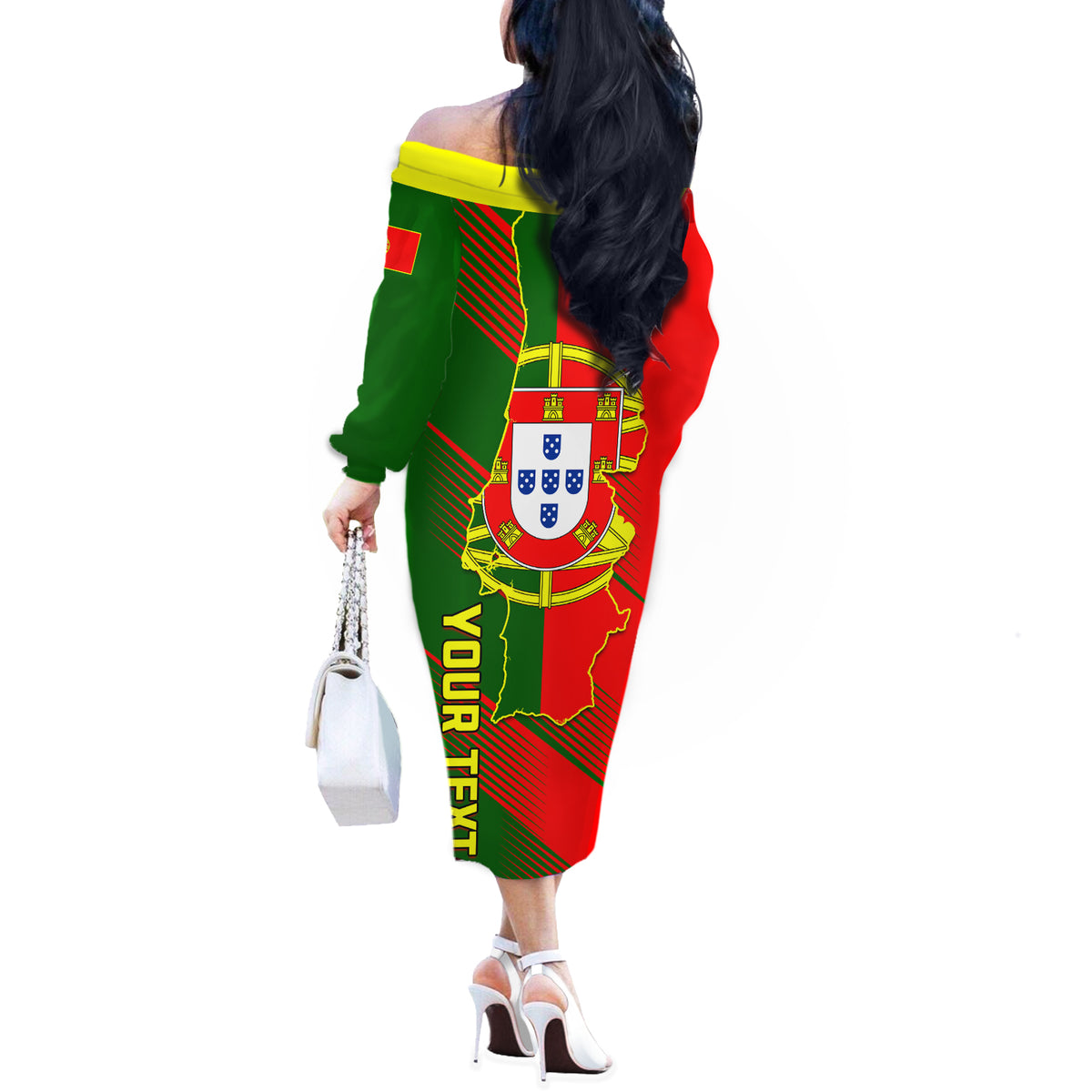 Personalised Portugal Independence Day Off The Shoulder Long Sleeve Dress Portuguesa Map Flag Style - Wonder Print Shop