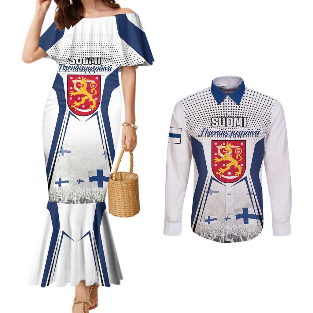 Personalised Finland Independence Day Couples Matching Mermaid Dress and Long Sleeve Button Shirt Suomi Coat Of Arms Special Version LT01