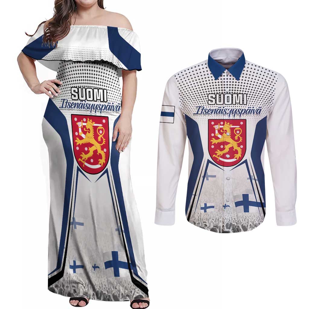 Personalised Finland Independence Day Couples Matching Off Shoulder Maxi Dress and Long Sleeve Button Shirt Suomi Coat Of Arms Special Version LT01