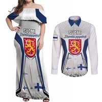 Personalised Finland Independence Day Couples Matching Off Shoulder Maxi Dress and Long Sleeve Button Shirt Suomi Coat Of Arms Special Version LT01