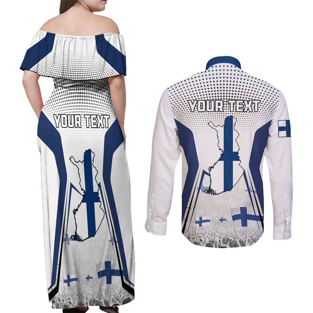 Personalised Finland Independence Day Couples Matching Off Shoulder Maxi Dress and Long Sleeve Button Shirt Suomi Coat Of Arms Special Version LT01