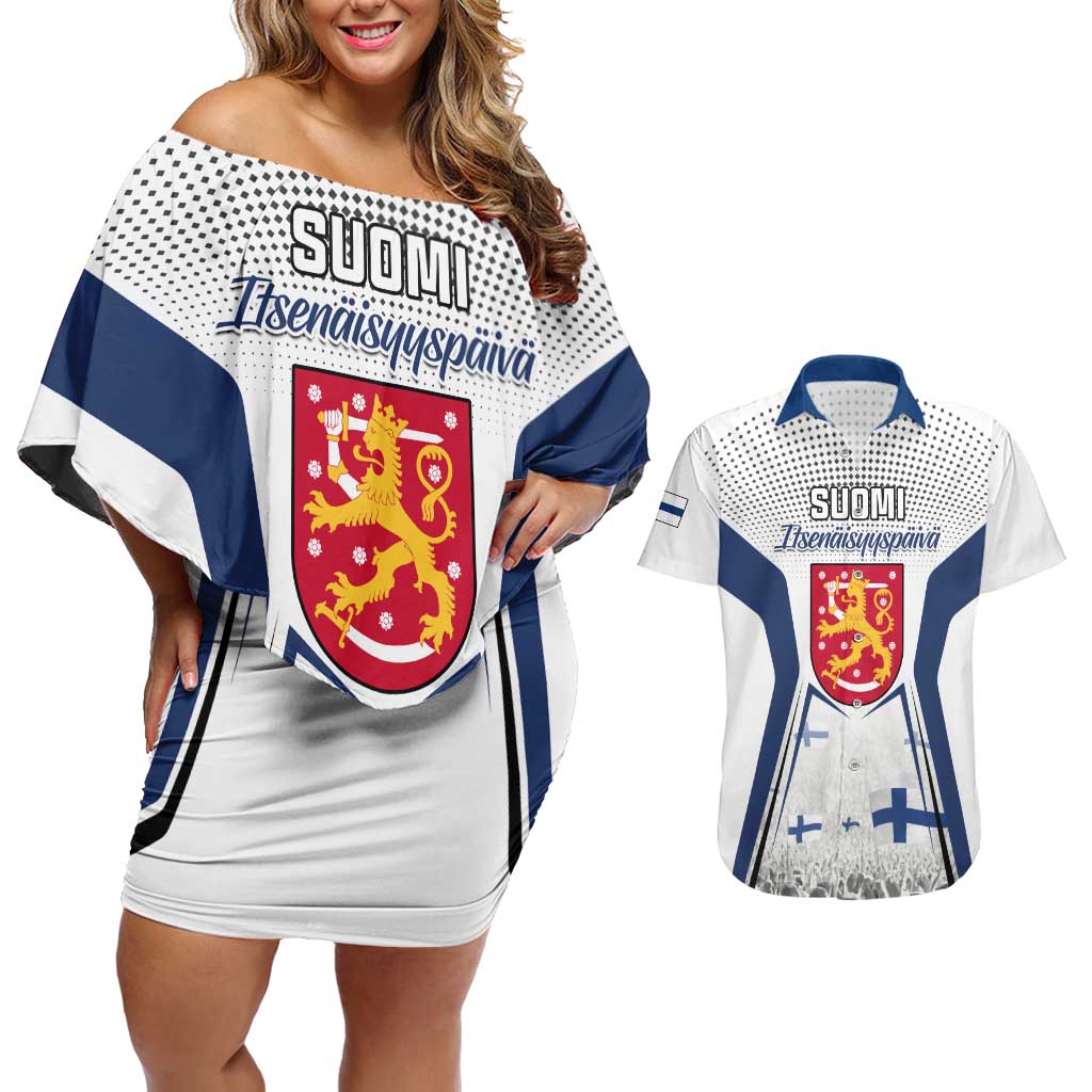 Personalised Finland Independence Day Couples Matching Off Shoulder Short Dress and Hawaiian Shirt Suomi Coat Of Arms Special Version LT01