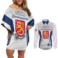 Personalised Finland Independence Day Couples Matching Off Shoulder Short Dress and Long Sleeve Button Shirt Suomi Coat Of Arms Special Version LT01