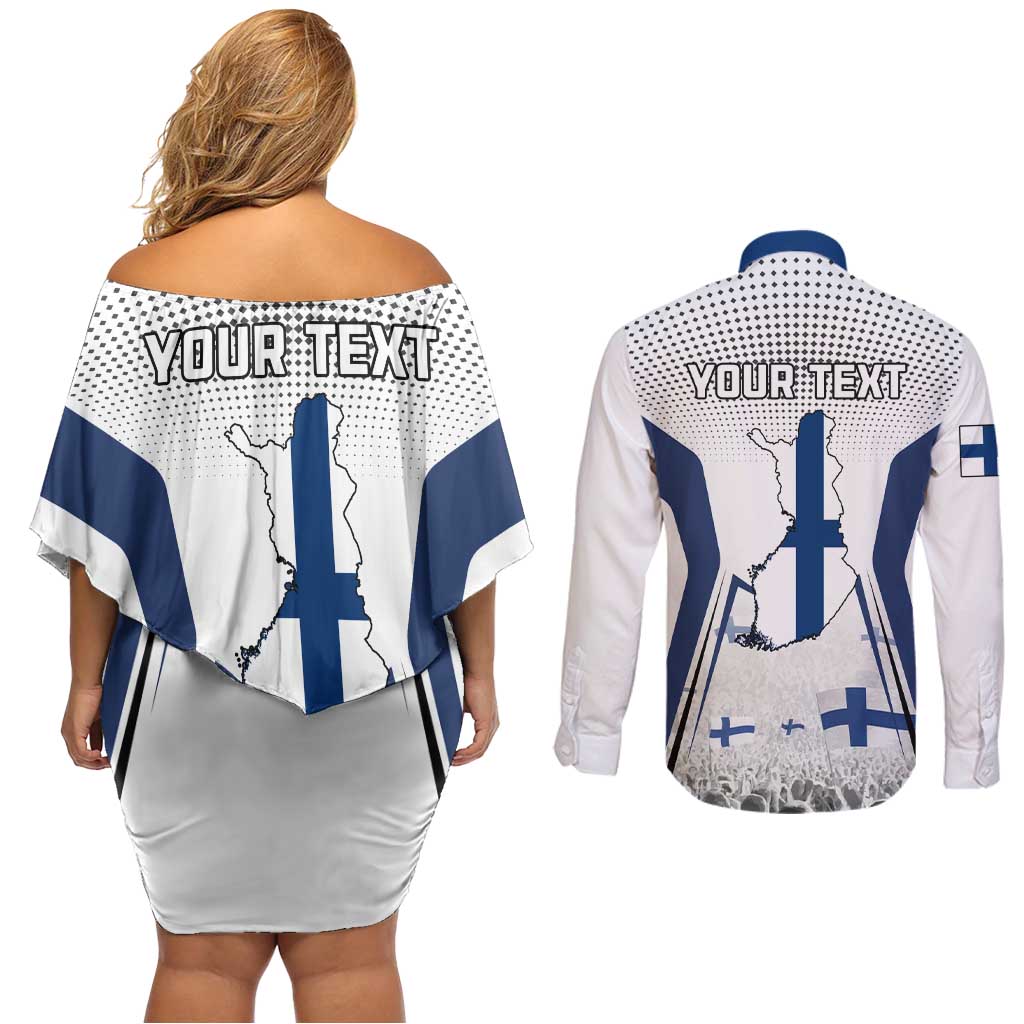 Personalised Finland Independence Day Couples Matching Off Shoulder Short Dress and Long Sleeve Button Shirt Suomi Coat Of Arms Special Version LT01