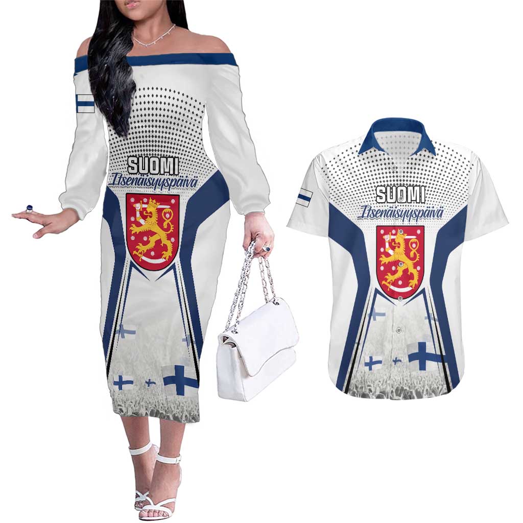 Personalised Finland Independence Day Couples Matching Off The Shoulder Long Sleeve Dress and Hawaiian Shirt Suomi Coat Of Arms Special Version LT01