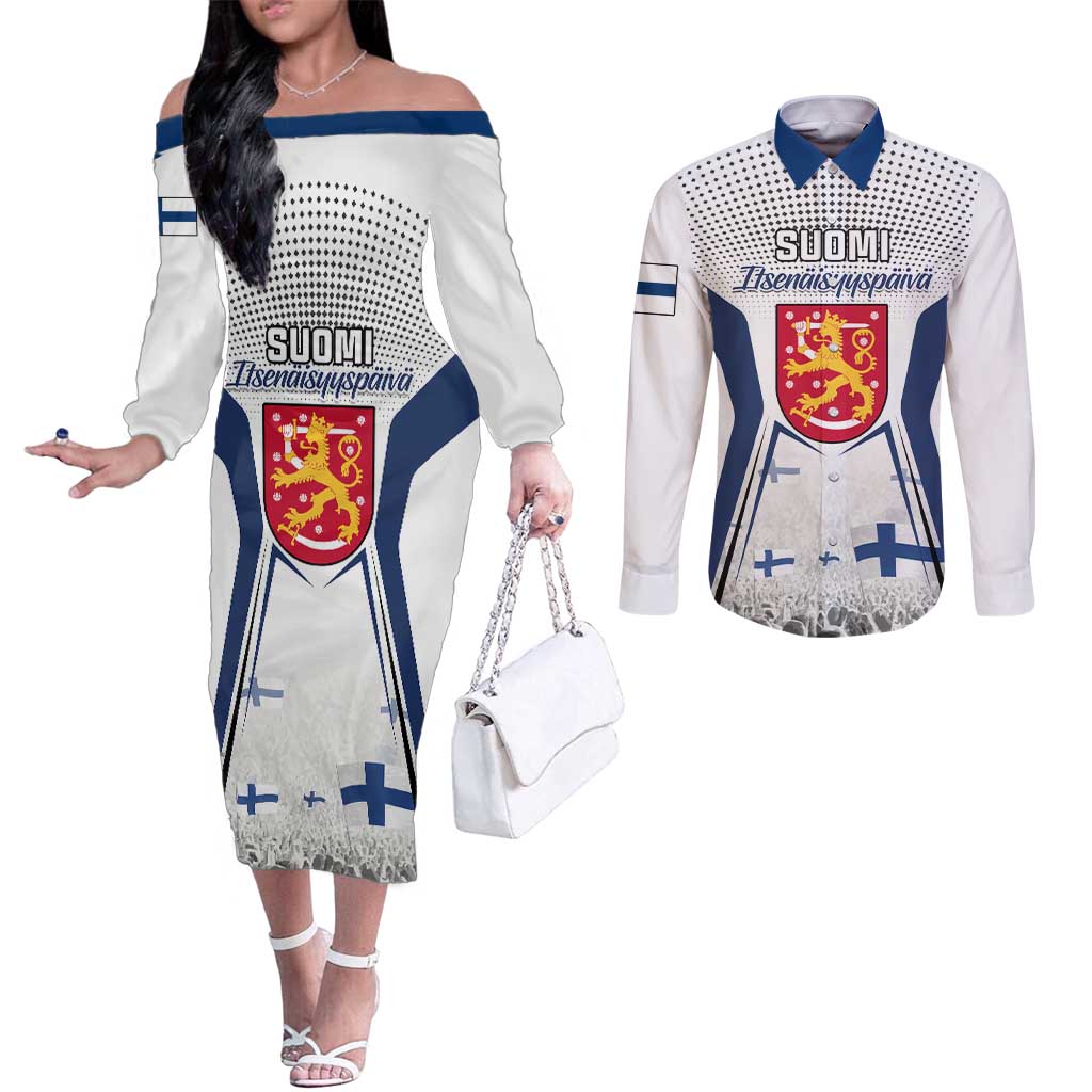 Personalised Finland Independence Day Couples Matching Off The Shoulder Long Sleeve Dress and Long Sleeve Button Shirt Suomi Coat Of Arms Special Version LT01