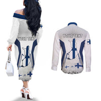 Personalised Finland Independence Day Couples Matching Off The Shoulder Long Sleeve Dress and Long Sleeve Button Shirt Suomi Coat Of Arms Special Version LT01