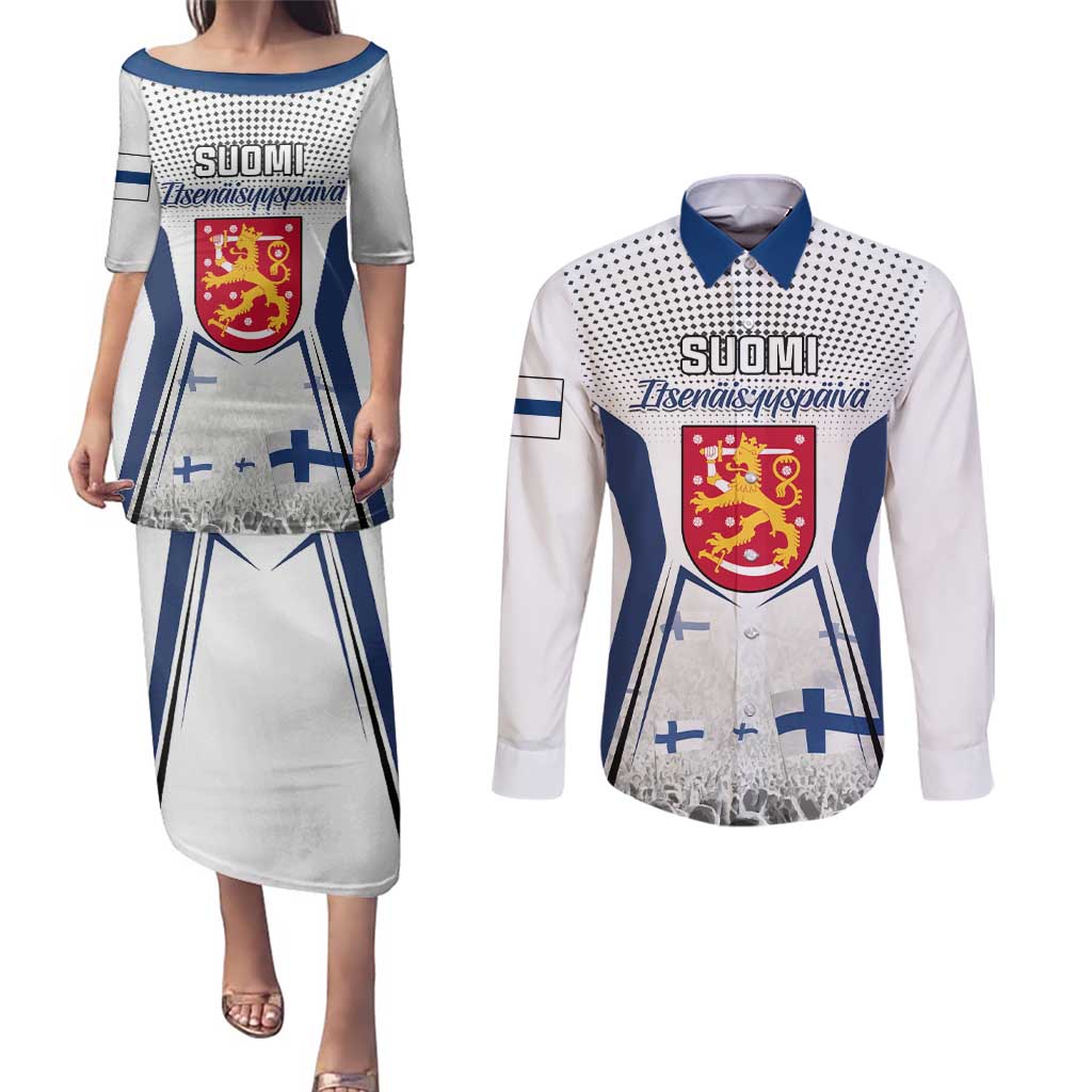 Personalised Finland Independence Day Couples Matching Puletasi Dress and Long Sleeve Button Shirt Suomi Coat Of Arms Special Version LT01