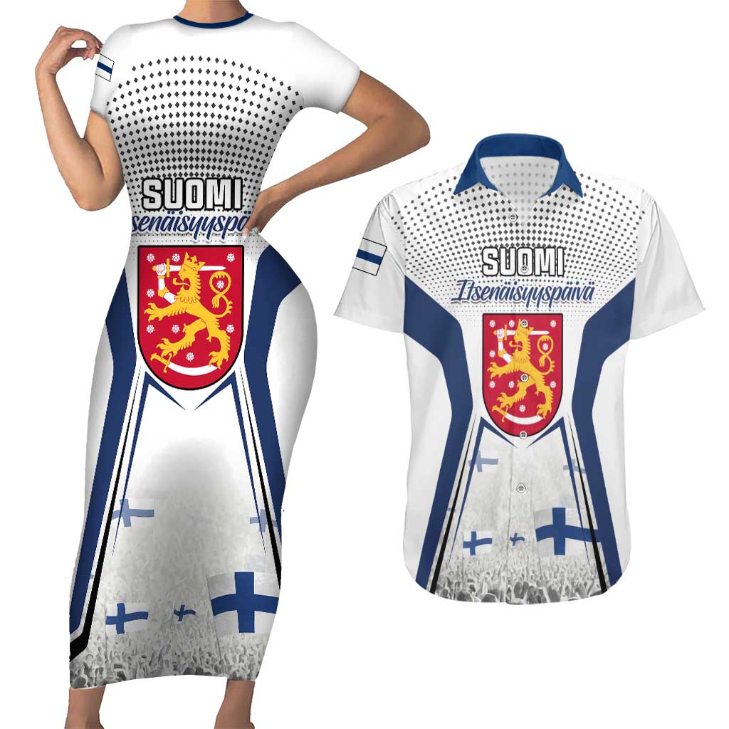 Personalised Finland Independence Day Couples Matching Short Sleeve Bodycon Dress and Hawaiian Shirt Suomi Coat Of Arms Special Version LT01