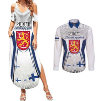 Personalised Finland Independence Day Couples Matching Summer Maxi Dress and Long Sleeve Button Shirt Suomi Coat Of Arms Special Version LT01