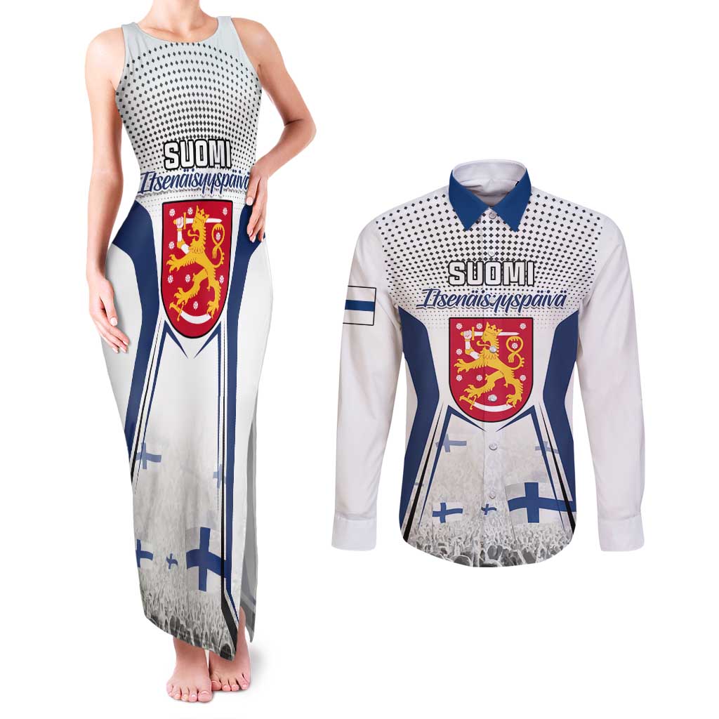 Personalised Finland Independence Day Couples Matching Tank Maxi Dress and Long Sleeve Button Shirt Suomi Coat Of Arms Special Version LT01