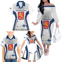Personalised Finland Independence Day Family Matching Off Shoulder Long Sleeve Dress and Hawaiian Shirt Suomi Coat Of Arms Special Version LT01