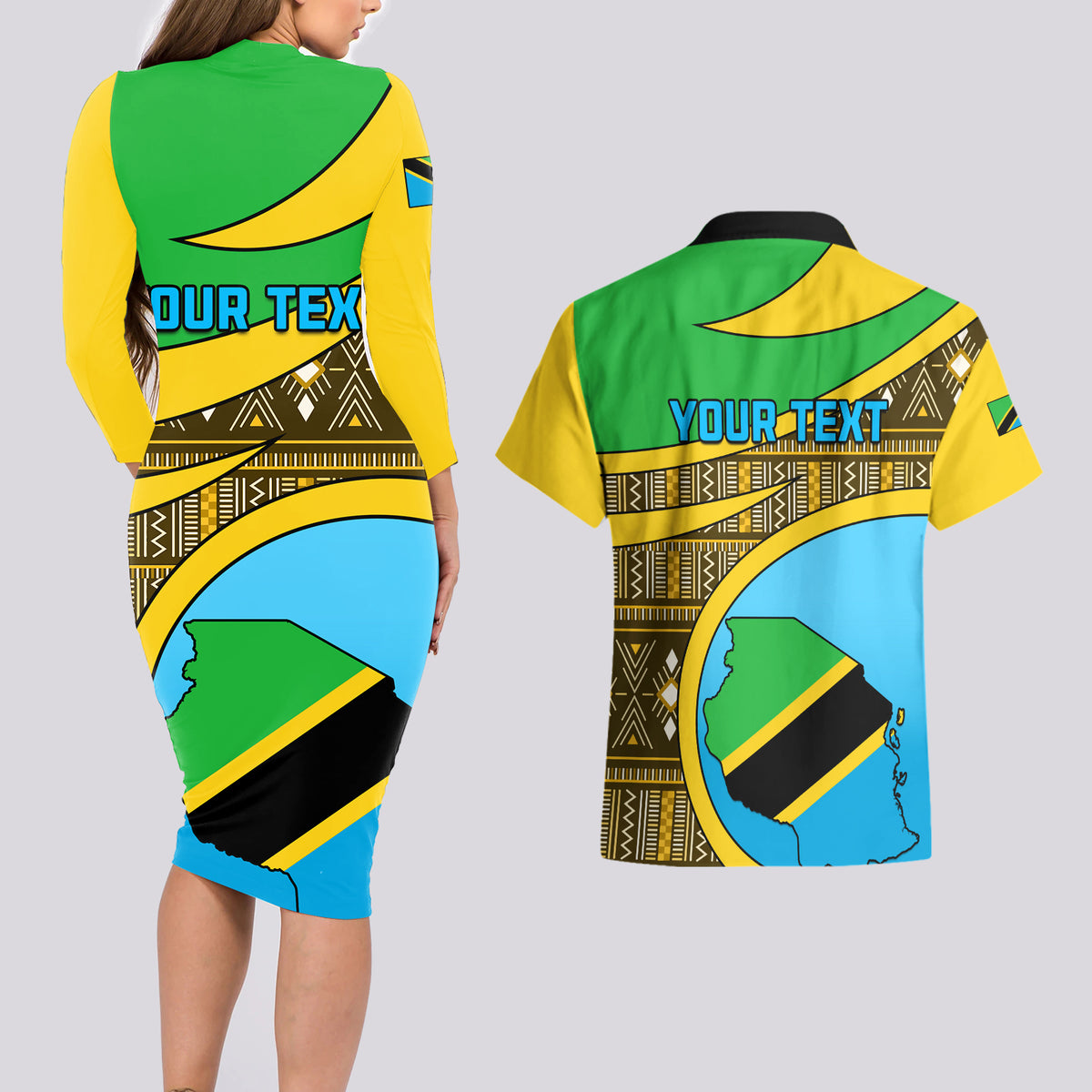 Personalised Tanzania Independence Day Couples Matching Long Sleeve Bodycon Dress and Hawaiian Shirt Tanzanian Coat Of Arms African Pattern - Wonder Print Shop