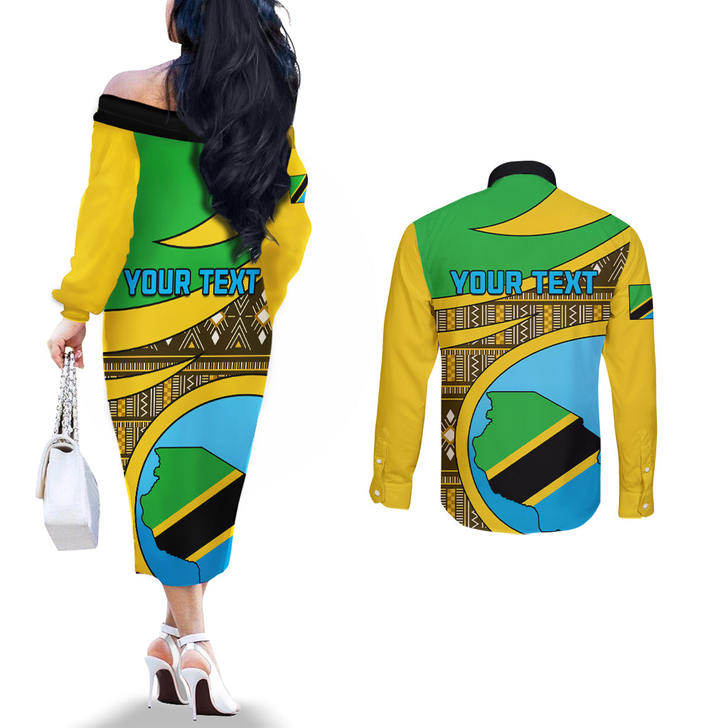personalised-tanzania-independence-day-couples-matching-off-the-shoulder-long-sleeve-dress-and-long-sleeve-button-shirt-tanzanian-coat-of-arms-african-pattern