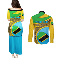 Personalised Tanzania Independence Day Couples Matching Puletasi Dress and Long Sleeve Button Shirt Tanzanian Coat Of Arms African Pattern - Wonder Print Shop