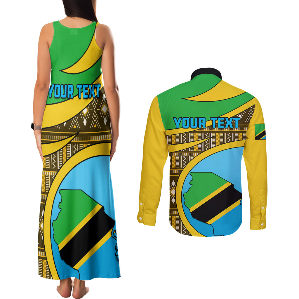 Personalised Tanzania Independence Day Couples Matching Tank Maxi Dress and Long Sleeve Button Shirt Tanzanian Coat Of Arms African Pattern - Wonder Print Shop