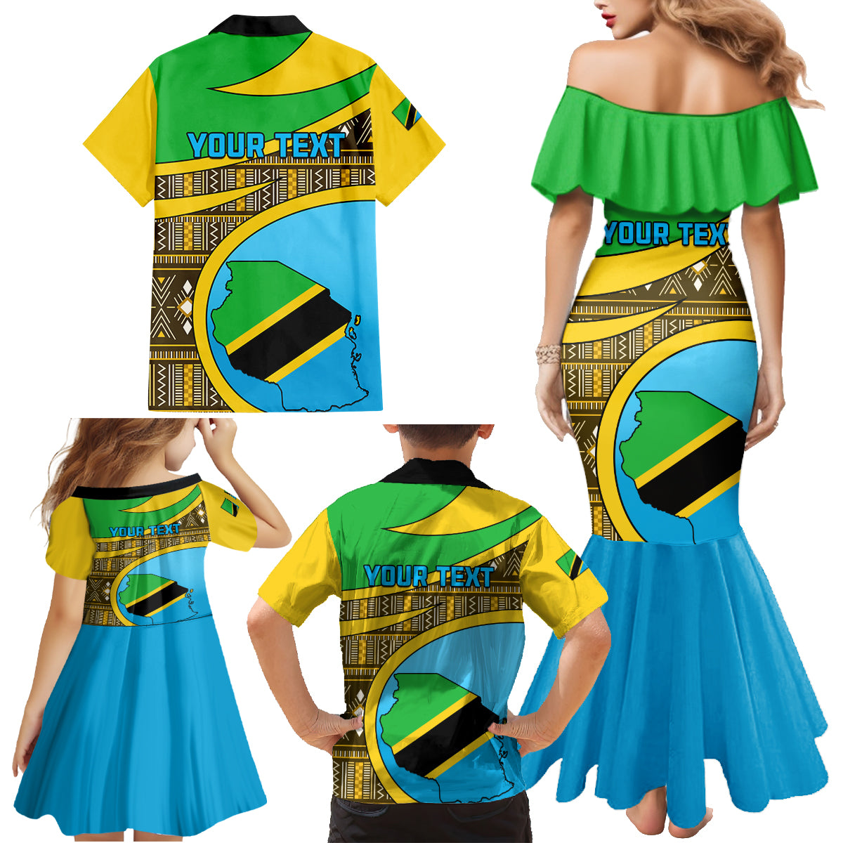 Personalised Tanzania Independence Day Family Matching Mermaid Dress and Hawaiian Shirt Tanzanian Coat Of Arms African Pattern - Wonder Print Shop