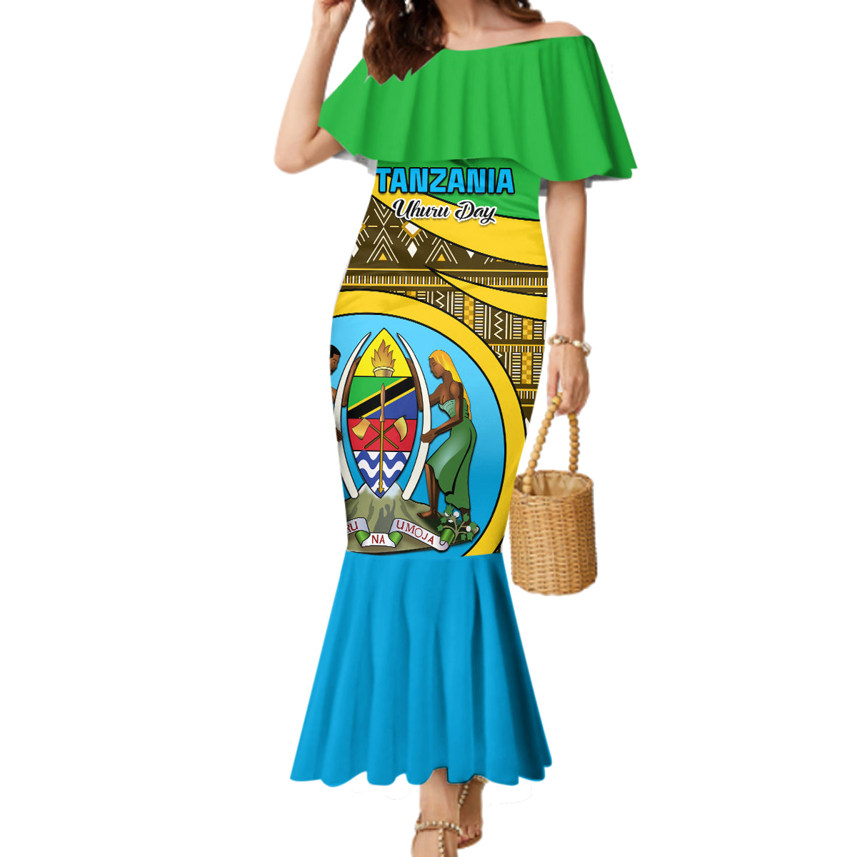 Personalised Tanzania Independence Day Family Matching Mermaid Dress and Hawaiian Shirt Tanzanian Coat Of Arms African Pattern - Wonder Print Shop