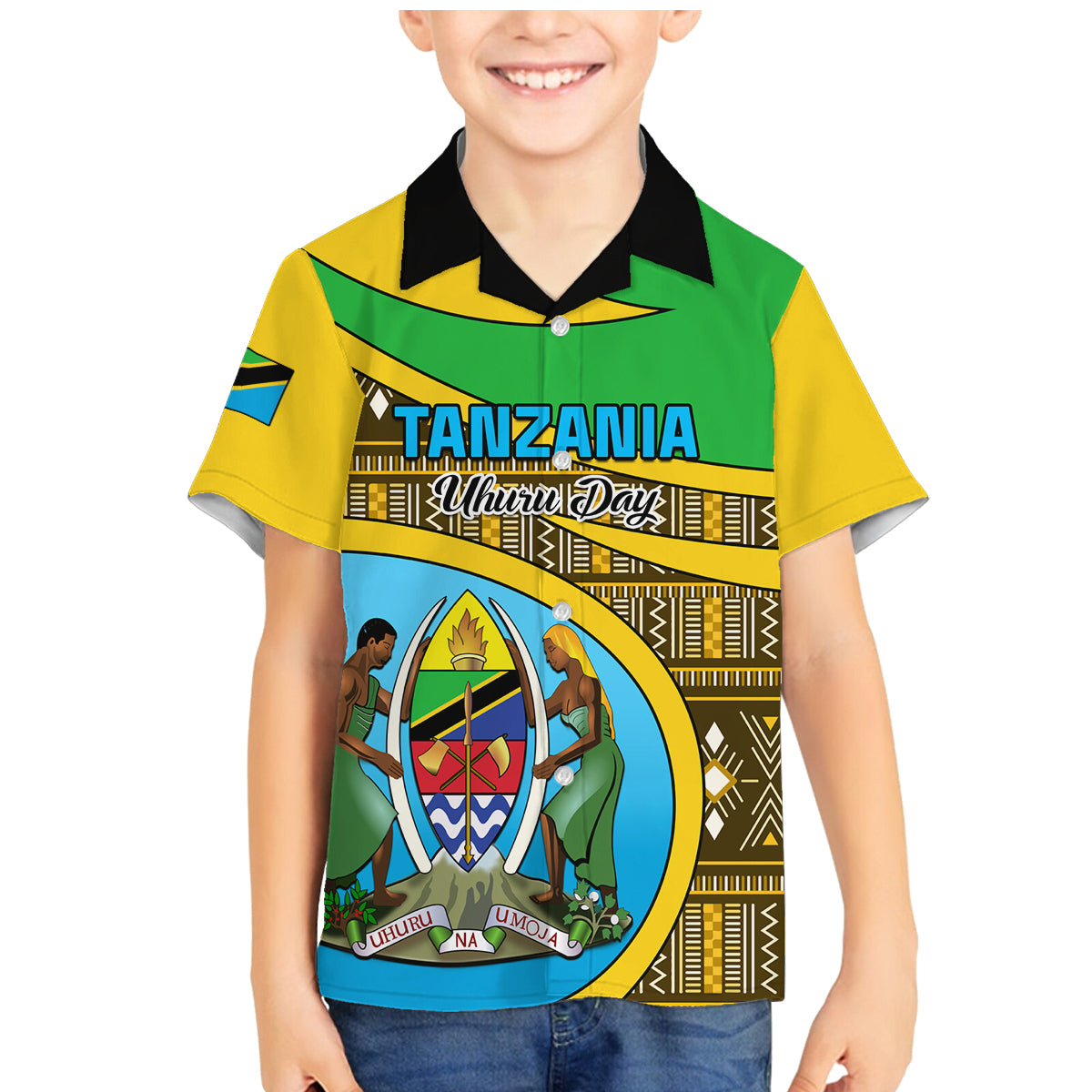 Personalised Tanzania Independence Day Family Matching Mermaid Dress and Hawaiian Shirt Tanzanian Coat Of Arms African Pattern - Wonder Print Shop