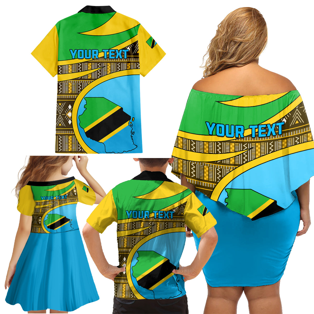 Personalised Tanzania Independence Day Family Matching Off Shoulder Short Dress and Hawaiian Shirt Tanzanian Coat Of Arms African Pattern - Wonder Print Shop
